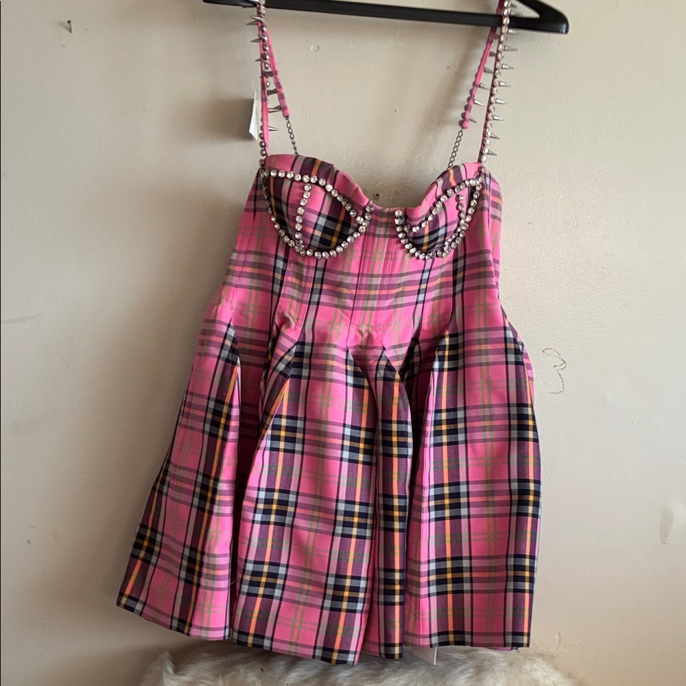 AREA Pink Plaid Mini Dress with Crystal Bust and Spiked Straps
